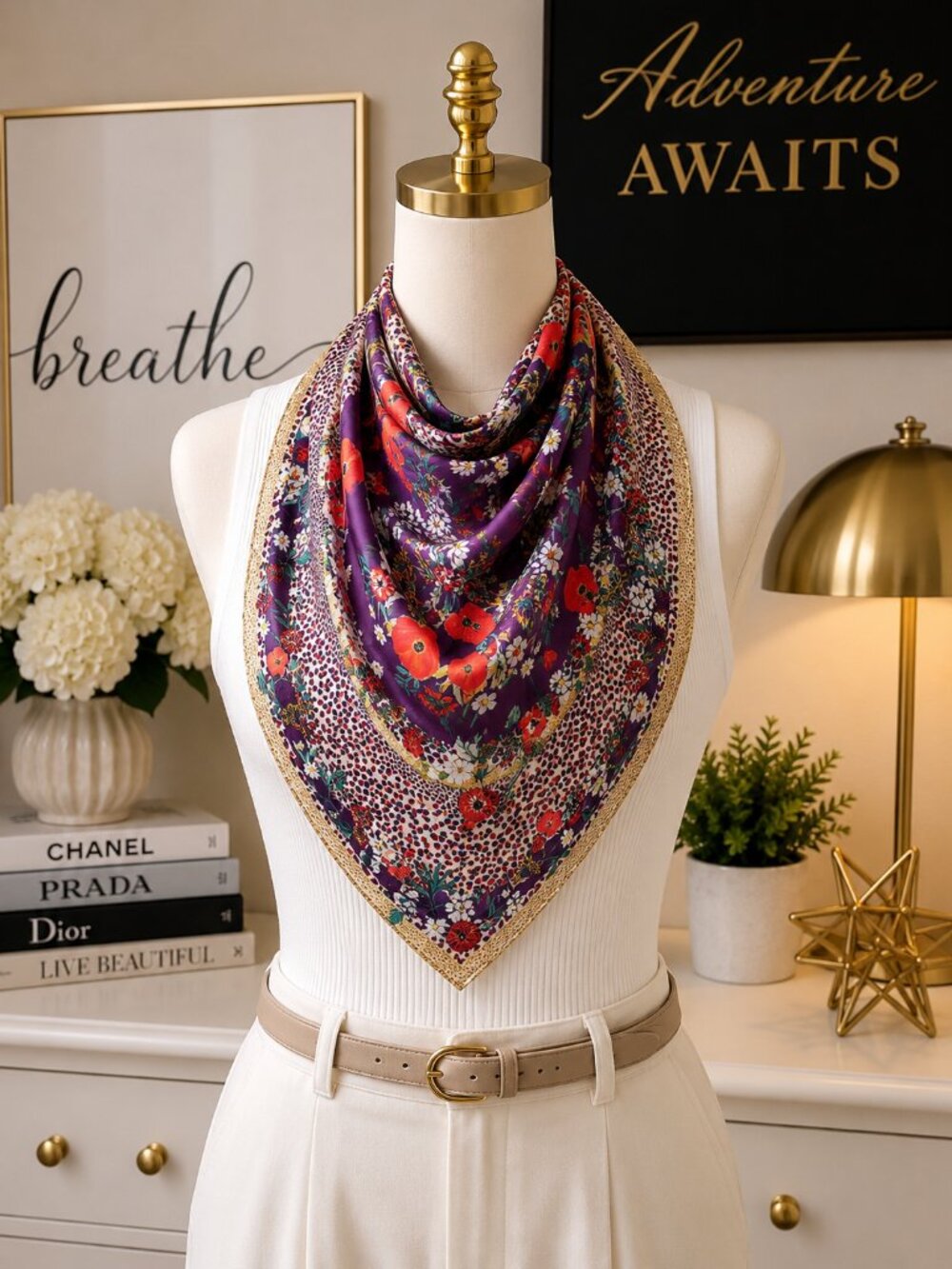 Ann Taylor Medallion 100% Silk Scarf Purple Red Gold Border 25x25